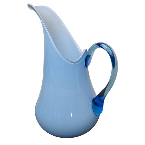 7.5" Empoli Pale Blue Art Glass Pitcher Vase Swirled Handle Italy MCM - Picture 2 of 9